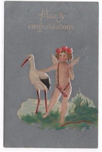 Vintage Birth Announcement Greetings Post Card, Young Angel and Stork