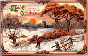 Christmas Greetings 1910 A. Von Beust carrying wood through snow