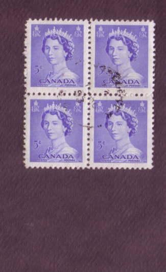 Canada, Used Block of Four, Elizabeth II, 5 Cent, Scott #329 