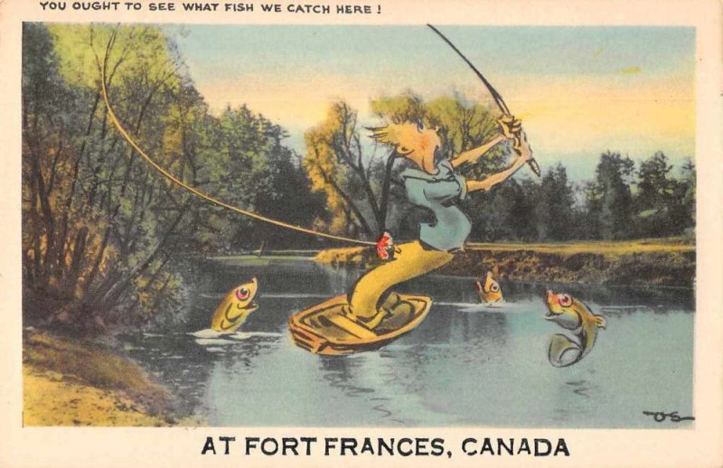 Ft Frances Ontario Canada fish eating man exaggeration antique pc ZD549392