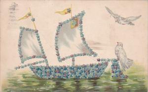 Birthday Greeting Boat With Blue Flowers and White Dove 1907