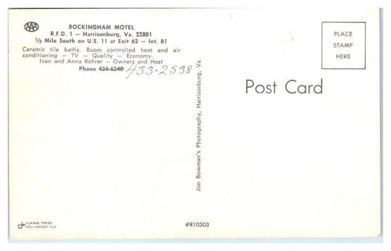 1950s/60s Rockingham Motel, Harrisonburg, VA Postcard