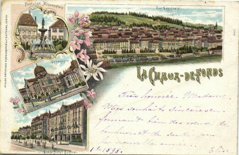 switzerland, LA CHAUX-DE-FONDS, Multiview with Synagogue (1898) Judaica Postcard