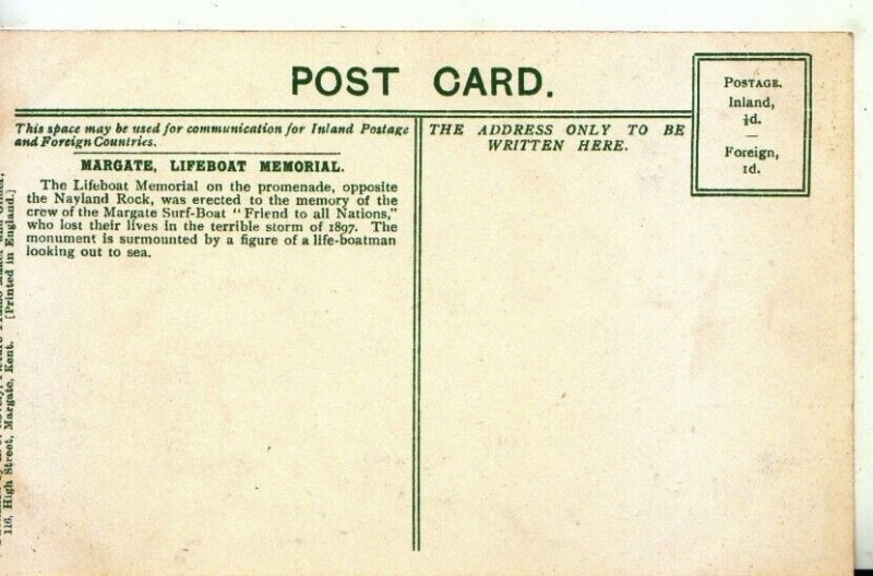 Kent Postcard - Margate Lifeboat Memorial   A5770