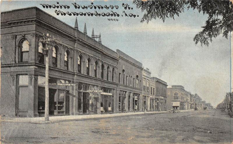 D73/ Shenandoah Iowa Ia Postcard 1912 Main Business St Millinery Orpheum Store