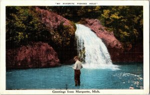 My Favorite Fishing Hole, Greetings from Marquette MI c1940 Vintage Postcard C65