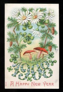 dc21 - NEW YEAR 1908 Embossed. Mushrooms. Canada Postmarks.