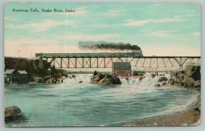 Snake River Idaho~American Falls & Train Going Above~Vintage Postcard