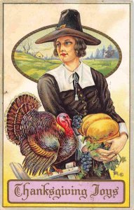 Thanksgiving Greetings Pilgrim Man Turkey 1910c postcard