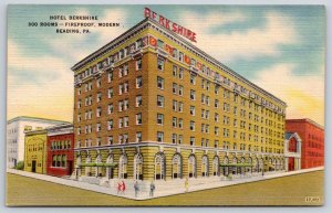 Reading Pennsylvania~Hotel Berkshire St View~Sign~Brick Bldg~Linen Postcard
