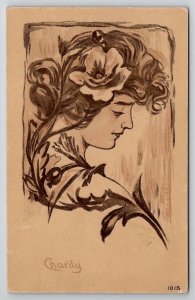 Beautiful Woman Art Nouveau Charity Art Postcard S21