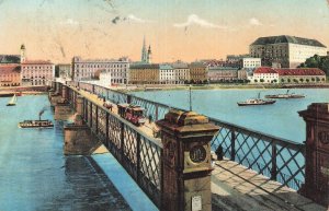 Linz Austria Danube River Bridge Stengel 1908 Postcard Tram Boats Cityscape