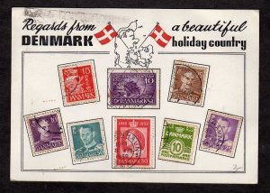 Regards From DENMARK w/8 Actual Real Stamps on Postcard Danmark PC