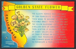 California Golden State Flower Poppy Map and Poem 1940s Linen Postcard