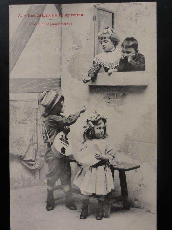 French Set of 4: Les Mignons Chanteurs CHILDREN, THE CUTE SINGERS c1904 Postcard 