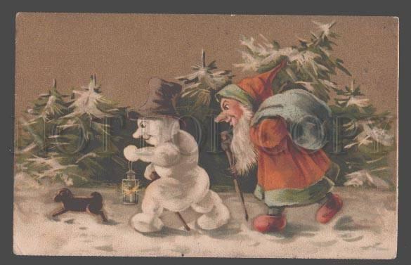 105679 Red SANTA CLAUS & SNOWMAN Vintage LITHO color PC