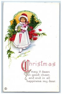 Christmas Postcard Little Girl With Doll Poinsettia Flowers c1910's Antique