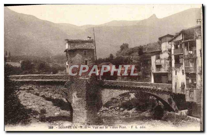 Old Postcard Sospel view on the old bridge