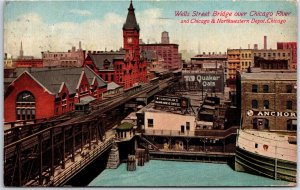 VINTAGE POSTCARD ADVERTISING BOARDS ALONG WELLS STREET BRIDGE CHICAGO 1911