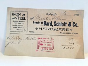 Postcard  1900 Receipt from Bard, Schlott & Co, Reading, PA.     Z5