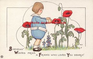 Birthday, Stecher No 97 B, Mary Evans Price, Boy with Large Red Flowers