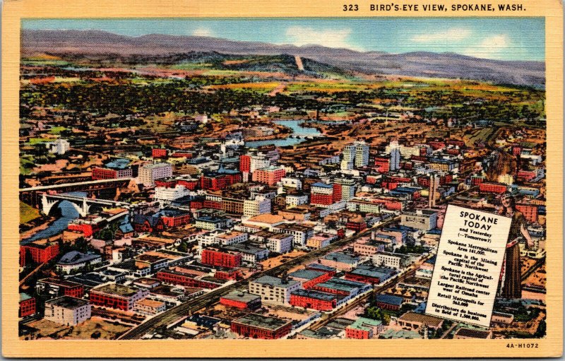 Vtg 1930s Birdseye View of Spokane Washington WA Downtown Linen Postcard