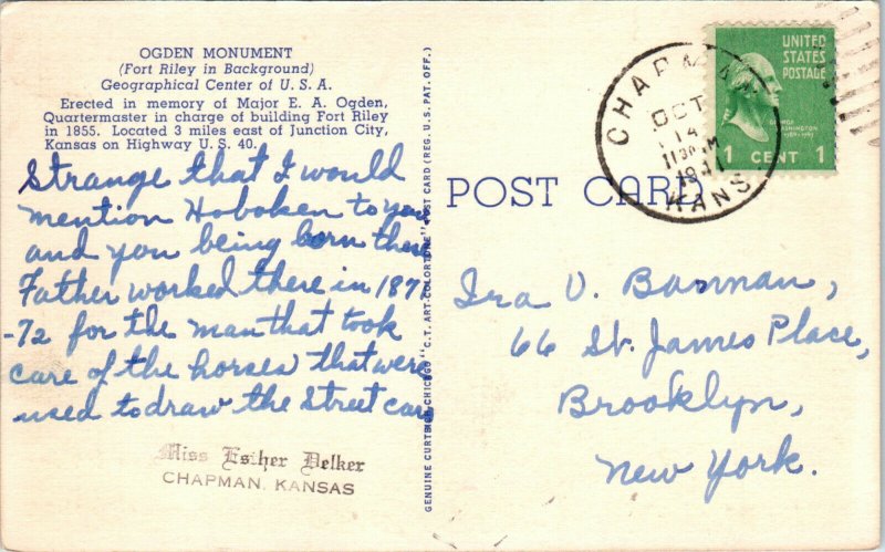 1940s Ogden Monument U.S. Rte. 40 Fort Riley Kansas Postcard