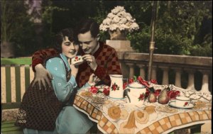 Romance Beautiful Woman & Man 1920s Hair Tea Set Art Deco Tinted RPPC #3