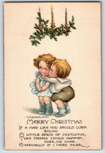 Christmas Postcard Children Sweetheart Kissing Under Mistletoe c1910's Antique