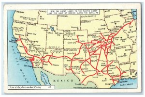 Santa Fe Railway From The Great Lakes To The Pacific Coast Map Vintage Postcard