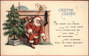 Christmas Santa Claus Toy Sack Fireplace Tree c1900-20s Vintage Postcard