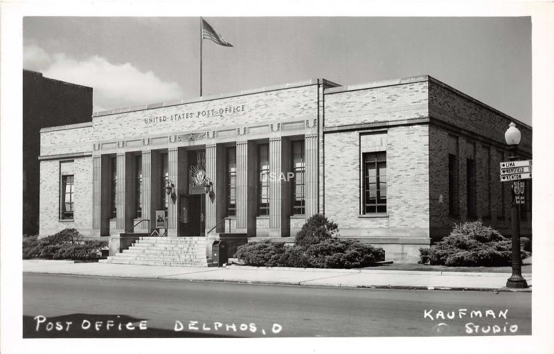 Ohio Postcard Real Photo RPPC c1940s DELPHOS U.S. Post Office Building