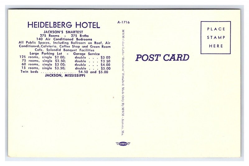 Heidelberg Hotel Jackson Mississippi Postcard Old Cars