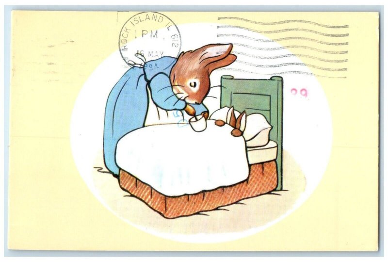 1984 Anthropomorphic Rabbit Feeding Little Rabbit Rock Island Nebraska Postcard