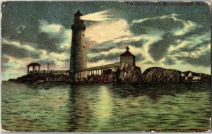View of the Graves Light at Night, Boston Harbor MA Vintage Postcard C78