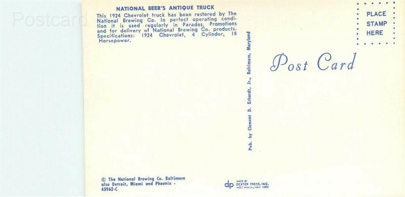 Advertising Postcard, National Beer's Antique Truck, Dexter Press No. 45962-C