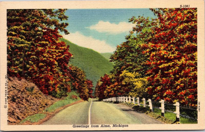 Greetings from Alma, Michigan Country Road Vintage Linen Postcard H01