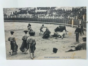 San Sebastian Bullring Bullfight Goes Very Wrong - Horse Down! Vtg Postcard 1904