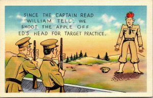 Postcard Comic Target Practice Shooting Apple off Soldier's Head LINEN 1940s M60