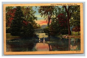 Vintage 1945 Postcard Bridge Pond Sailboats Elizabeth Park Hartford Connecticut