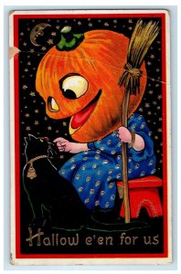 c1910's Halloween Pumpkin Head Black Cat Gold Gilt Moon Embossed Postcard 