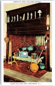 VINTAGE POSTCARD THE FIREPLACE AT BETSY WILLIAMS COTTAGE PROVIDENCE RHODE ISLAND