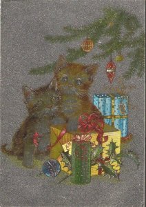 Two kittens, Xmas Tree, gifts Modern English Christmas postcard, with glitter