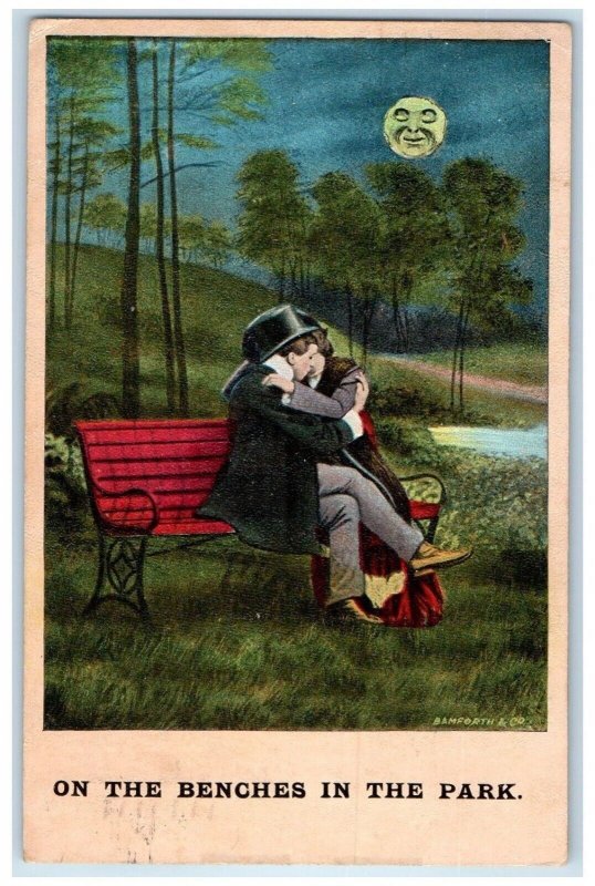 Couple Kissing Romance Benches In The Park Bamforth Huntington WV Postcard