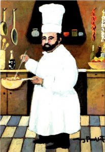 Food Art CHEF HENRI~Apron/Hat In Kitchen BY Artist GUY BUFFET 1998 4X6 Postcard