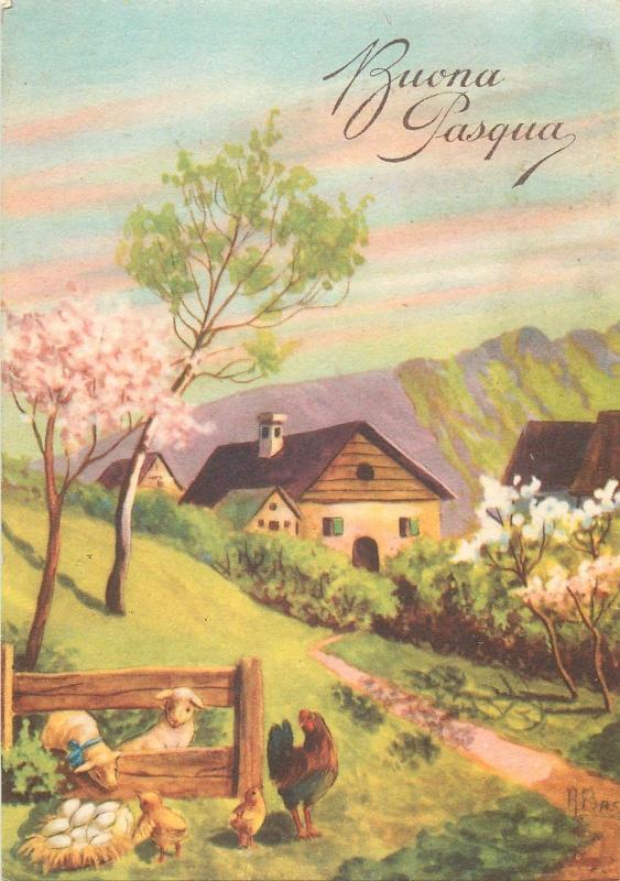 Easter fantasy signed postcard farm animals lambs chickens hen spring landscape