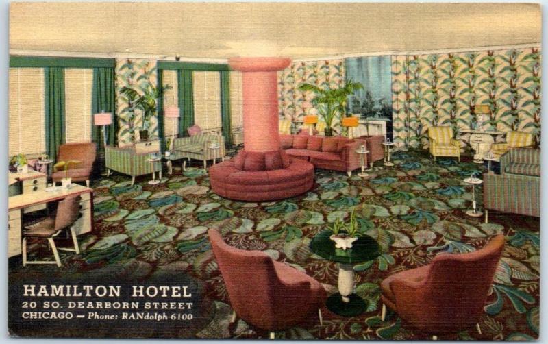 Chicago Il Postcard Hamilton Hotel Lobby W Mid Century Furniture