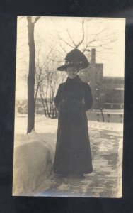 RPPC MAYVILLE OHIO PRETTY WOMAN BIG HAT COAT TO 1912 VINTAGE REAL PHOTO POSTCARD