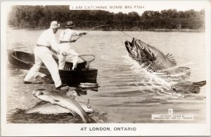 London Ontario Fishermen Giant Fish Exaggeration Fishing RPPC Postcard G35