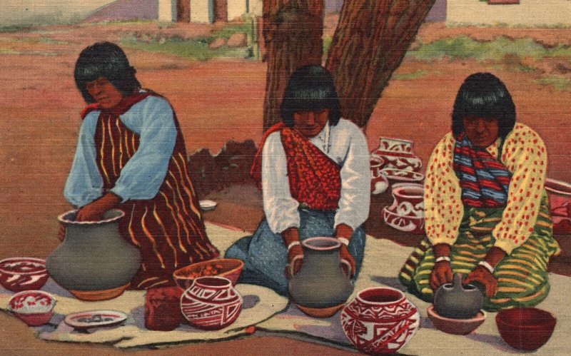 Vintage Postcard Pueblo Indian Women Making Pottery Prehistoric Cliff Dwellers